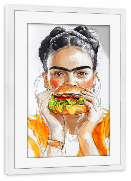 Poster mit Rahmen weiß "Frida-Porträt AM" artboxONE - Essen & Trinken,Menschen - Frida,Frida kahlo,Porträt,Frau,Mädchen,Burger