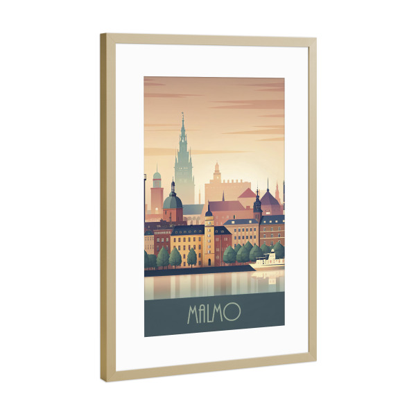 Poster mit Rahmen Gold "Minimalistische Skyline von Malmö" artboxONE - Städte,Reise,Abstrakt,Architektur