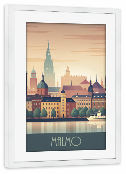 Poster mit Rahmen weiß "Minimalistische Skyline von Malmö" artboxONE - Städte,Reise,Abstrakt,Architektur