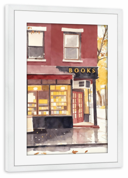 Poster mit Rahmen weiß "Cozy Bookstore, Autumn Book Shop" artboxONE - Abstrakt