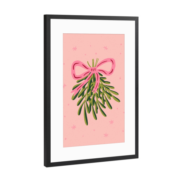 Poster mit Rahmen Schwarz (Metallic) "Mistelzweige mit rosa Schleife" artboxONE - Weihnachten