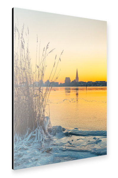 Alu-Dibond "Rostock mit Sonnenaufgang" 30x20 cm artboxONE