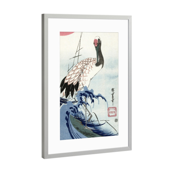 Poster mit Rahmen Silber "Kranich, Welle, aufgehende Sonne" artboxONE - Natur,Tiere,Reise / Asien