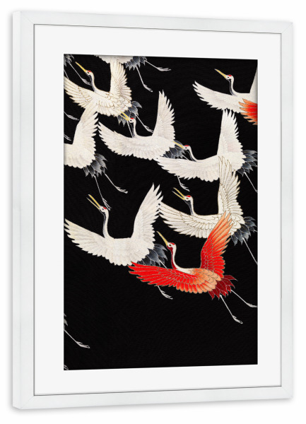 Poster mit Rahmen weiß "Fliegend Kraniche" artboxONE - Natur,Tiere,Reise / Asien - Kraniche,Tiere,Japan,Malerei,Gemälde,Kunst