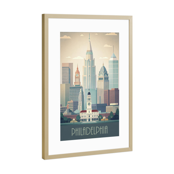 Poster mit Rahmen Gold "Minimalist skyline of Philadelphia" artboxONE - Städte,Reise,Abstrakt,Architektur