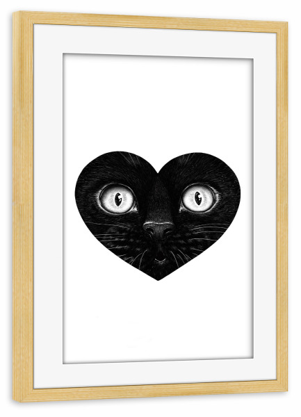 Poster mit Rahmen kiefer "Schwarze Katze im Herzen" artboxONE - Für Kinder,Tiere,Geometrie,Halloween,Lustig
