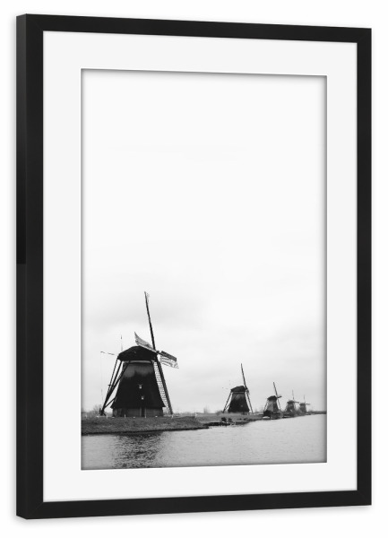 Poster mit Rahmen schwarz "Kinderdijk Windmills, NL" artboxONE - Reise,Schwarzweiß,Architektur,Reise / Strand und Meer,Reise / Länder