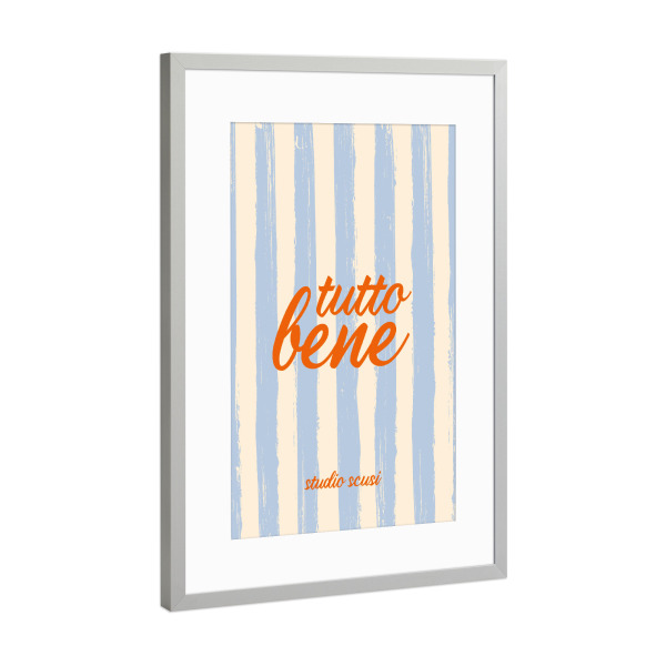 Poster mit Rahmen Silber "Tutto Bene - Blau Orange" artboxONE - Typografie - Italien,Orange,Blau,Rot,Alles gut,Tutto bene,Bene,Tutto,Alles