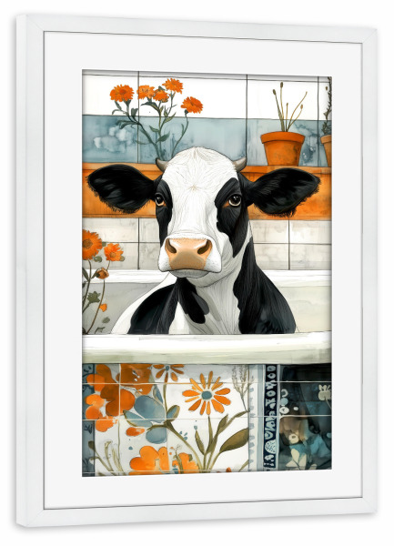 Poster mit Rahmen weiß "Kuh nimmt ein Bad A" artboxONE - Floral,Tiere - Bad,Badewanne,Badezimmer,Tier,Entspannen,Spa,Kuh