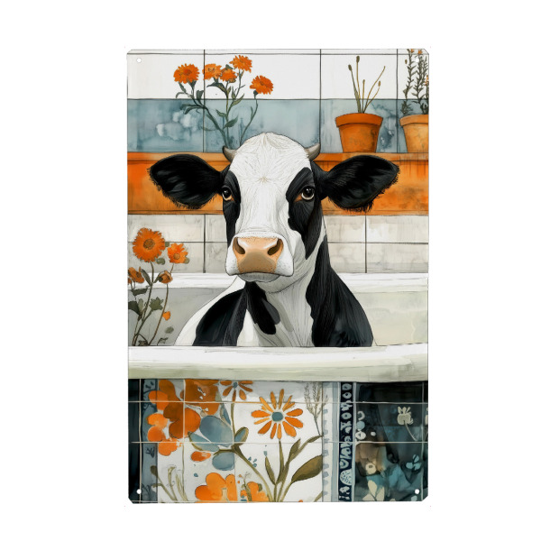Metall Poster "Kuh nimmt ein Bad A" artboxONE - Floral,Tiere - Bad,Badewanne,Badezimmer,Tier,Entspannen,Spa,Kuh - Blechschild