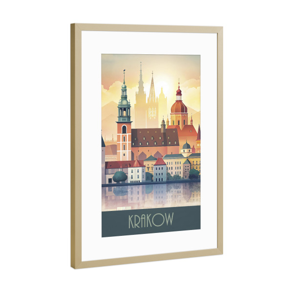 Poster mit Rahmen Gold "Minimalistische Skyline von Krakau" artboxONE - Städte,Reise,Architektur