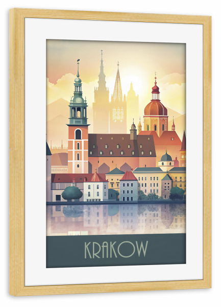 Poster mit Rahmen kiefer "Minimalistische Skyline von Krakau" artboxONE - Städte,Reise,Architektur
