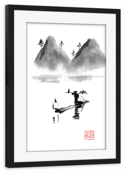 Poster mit Rahmen schwarz "Fischer am Fluss" artboxONE - Natur,Reise / Asien - Fischer,Sumie,Japan,Boot,Kormoran,Berge,Fluss