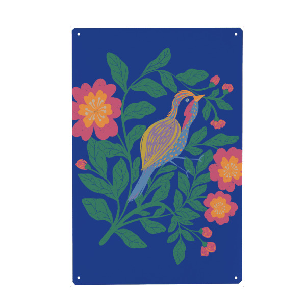 Holzbild "Autumn friend" artboxONE - Natur,Tiere,Lustig - Bird,Leaves,Flower,Floral,Bird illustration,Blue,Watercolor,Autumn