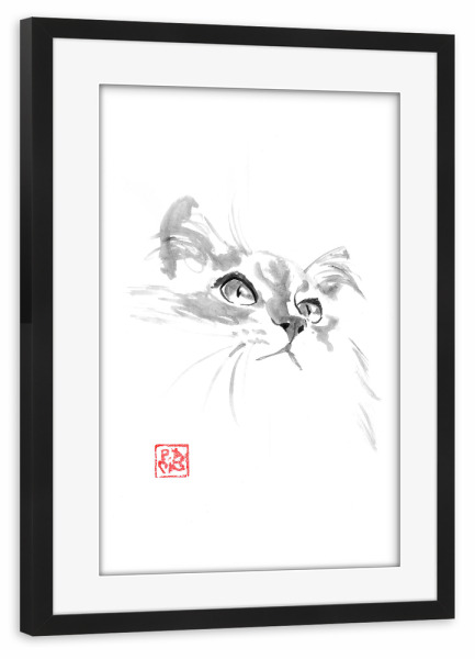 Poster mit Rahmen schwarz "Süßes Katzenkätzchen" artboxONE - Tiere,Schwarzweiß - Katze,Sumie,Japan,Schwarzweiß
