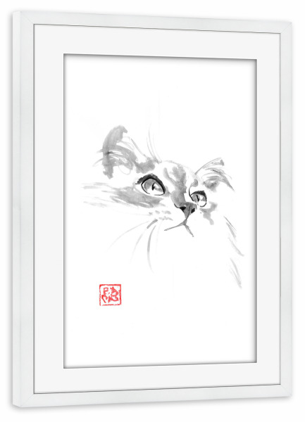 Poster mit Rahmen weiß "Süßes Katzenkätzchen" artboxONE - Tiere,Schwarzweiß - Katze,Sumie,Japan,Schwarzweiß