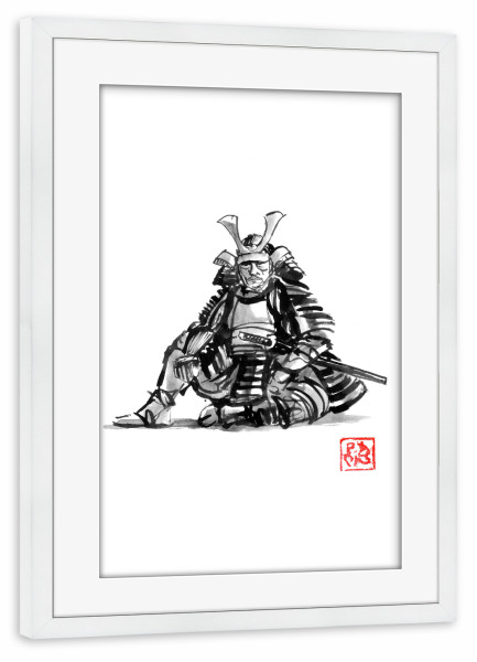 Poster mit Rahmen weiß "Sitting samurai" artboxONE - Menschen,Schwarzweiß,Reise / Asien,Männer - Samurai,Sumie,Japan,Krieger,Kämpfer,Schwarzweiß
