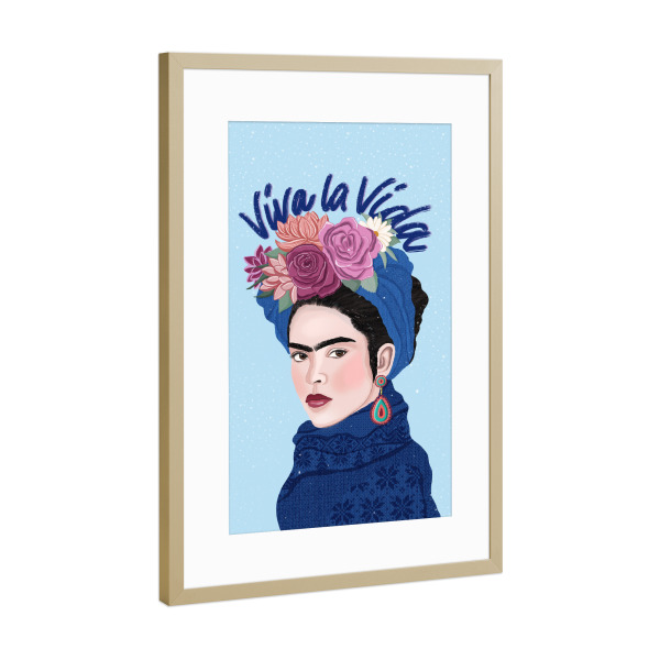 Poster mit Rahmen Gold "Frida im Schnee. Feiere das Leben" artboxONE - Typografie,Floral,Menschen