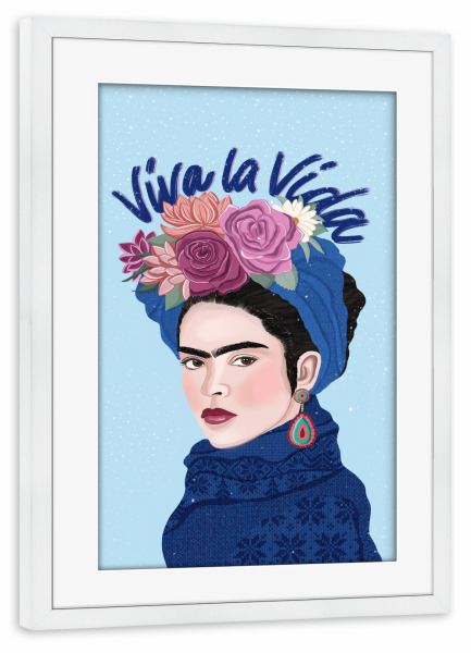 Poster mit Rahmen weiß "Frida im Schnee. Feiere das Leben" artboxONE - Typografie,Floral,Menschen