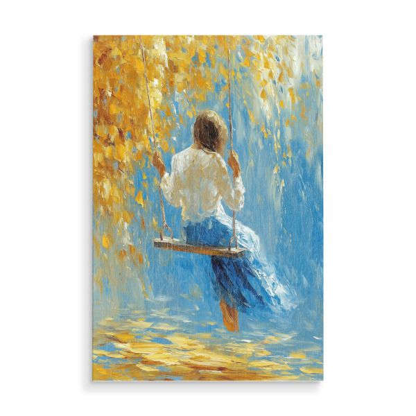 Holzbild "Mädchen auf der Schaukel" artboxONE - Natur - Herbst,Impressionismus,Schaukel,Mädchen,Naturkunst,ölgemälde