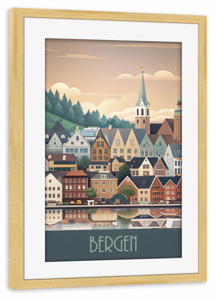 Poster mit Rahmen kiefer "Minimalistische Skyline von Bergen" artboxONE - Städte,Reise,Abstrakt,Architektur