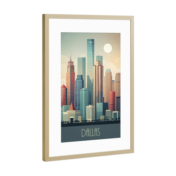 Poster mit Rahmen Gold "Minimalistische Skyline von Dallas" artboxONE - Städte,Reise,Abstrakt,Architektur