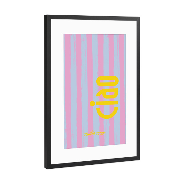 Poster mit Rahmen Schwarz (Metallic) "CIAO blau lila gestreift" artboxONE - Typografie,Reise / Strand und Meer