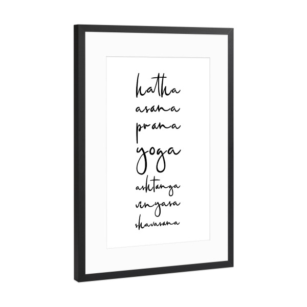 Poster mit Rahmen Schwarz (Metallic) "Yoga Arten Typo" artboxONE - Typografie - Yoga,Sport,Entspannung,Achtsamkeit,Ruhe,Indien,Hatha,Shavasana,Namaste