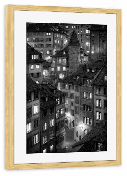 Poster mit Rahmen kiefer "KI City by Night" artboxONE - Städte,Schwarzweiß,Architektur - Stadt,City,Nacht,Abend,Ki,City night