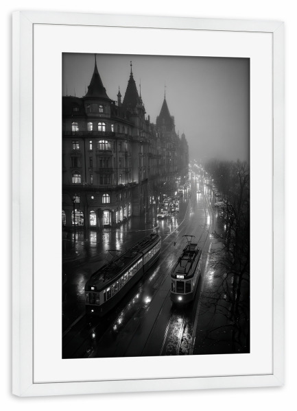 Poster mit Rahmen weiß "Stadt Zürich by Night mit KI" artboxONE - Städte / Zürich