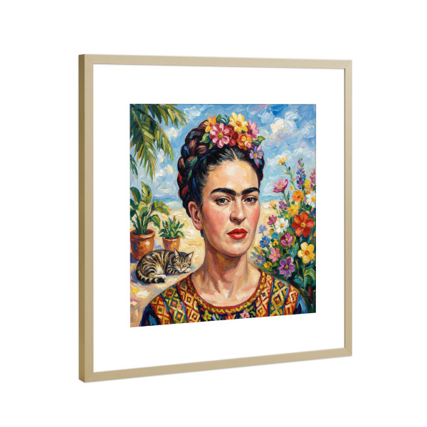 Poster mit Rahmen Gold "Frida im Blütenlicht" artboxONE - Floral,Tiere,Menschen
