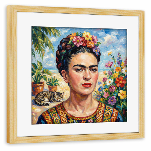 Poster mit Rahmen kiefer "Frida im Blütenlicht" artboxONE - Floral,Tiere,Menschen