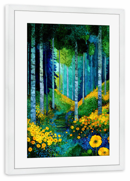 Poster mit Rahmen weiß "Wald im Klimt-Stil H" artboxONE - Natur,Floral - Wald,Natur,Klimt,Baum,Botanik,Aquarell