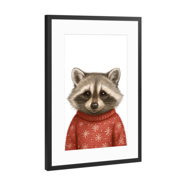 Poster mit Rahmen Schwarz (Metallic) "Waschbär im Weihnachtspullover" artboxONE - Tiere,Weihnachten