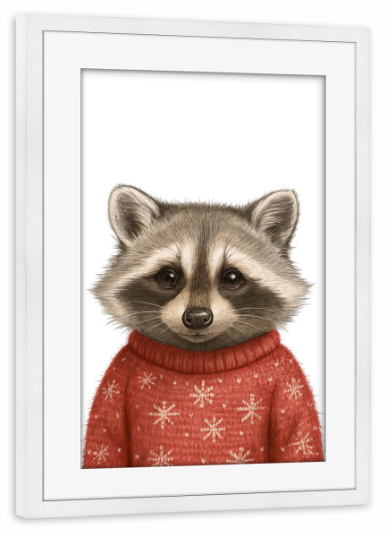 Poster mit Rahmen weiß "Waschbär im Weihnachtspullover" artboxONE - Tiere,Weihnachten