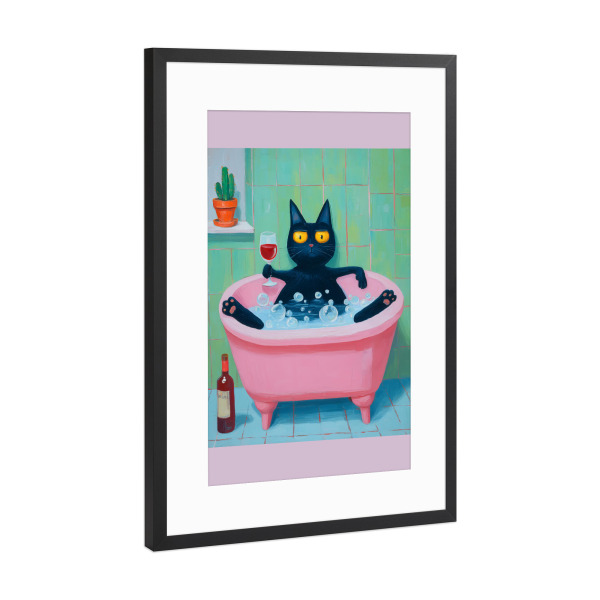 Poster mit Rahmen Schwarz (Metallic) "Katze im Schaumbad" artboxONE - Tiere,Essen & Trinken / Alkohol,Lustig