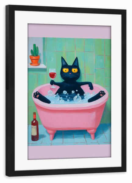 Poster mit Rahmen schwarz "Katze im Schaumbad" artboxONE - Tiere,Essen & Trinken / Alkohol,Lustig