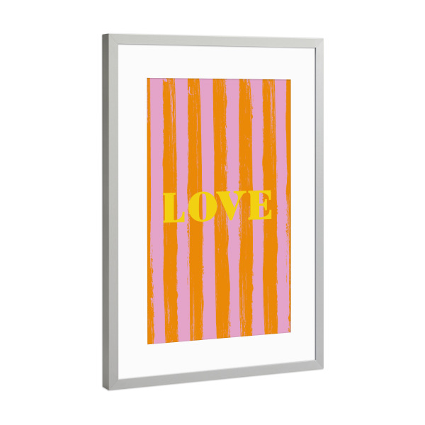 Poster mit Rahmen Silber "LOVE - Orange Pink gestreift" artboxONE - Typografie,Liebe - Liebe,Love,Pink,Orange,Gestreift,Stripes,Gelb