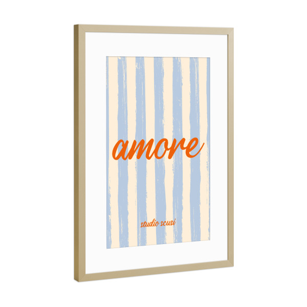 Poster mit Rahmen Gold "Amore - Blau Rote Streifen" artboxONE - Typografie,Liebe - Liebe,Amore,Italien,Italienisch,Streifen,Orange,Blau