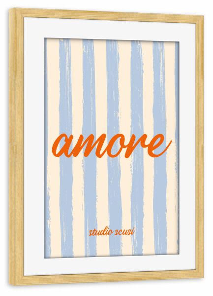 Poster mit Rahmen kiefer "Amore - Blau Rote Streifen" artboxONE - Typografie,Liebe - Liebe,Amore,Italien,Italienisch,Streifen,Orange,Blau