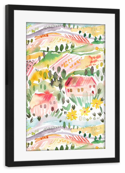 Poster mit Rahmen schwarz "Toskana Aquarell Landschaft" artboxONE - Natur,Architektur,Städte / Weitere,Für Mama,Für Papa