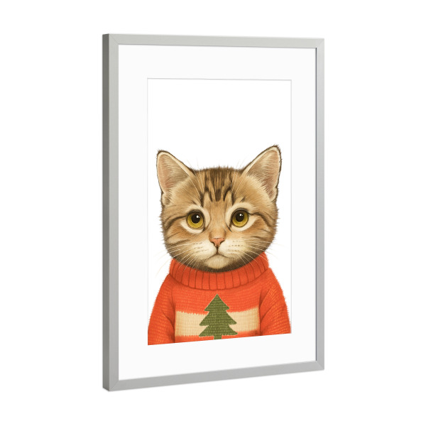 Poster mit Rahmen Silber "Katze im Weihnachtspullover" artboxONE - Tiere,Weihnachten,Lustig