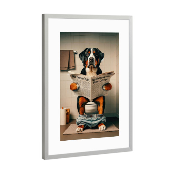 Poster mit Rahmen Silber "Berner Sennenhund auf der Toilette" artboxONE - Tiere,Lustig