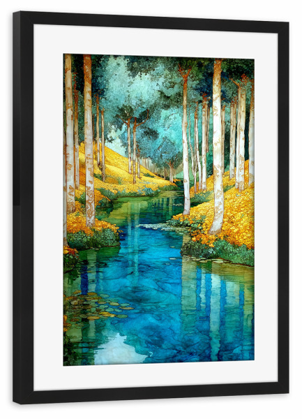 Poster mit Rahmen schwarz "Wald von Klimt-Stil A" artboxONE - Natur,Floral - Wald,Natur,Klimt,Baum,Botanik,Aquarell