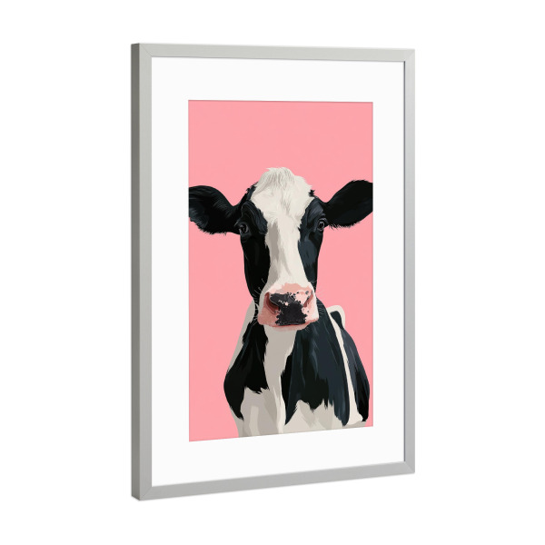 Poster mit Rahmen Silber "O'Kuhture" artboxONE - Tiere - Kuh,Popart,Tierkunst,Minimalismus,Rosa,Modernprint