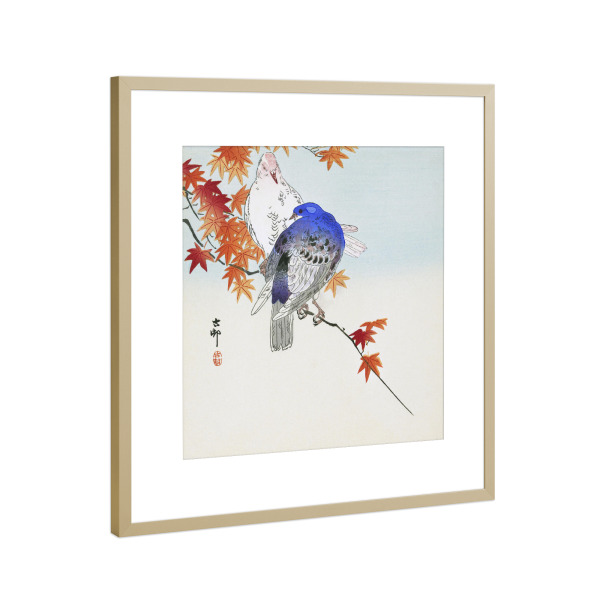 Poster mit Rahmen Gold "Zwei Tauben auf einem Ast" artboxONE - Natur,Tiere,Für Mama - Zwei tauben,Herbstzweig