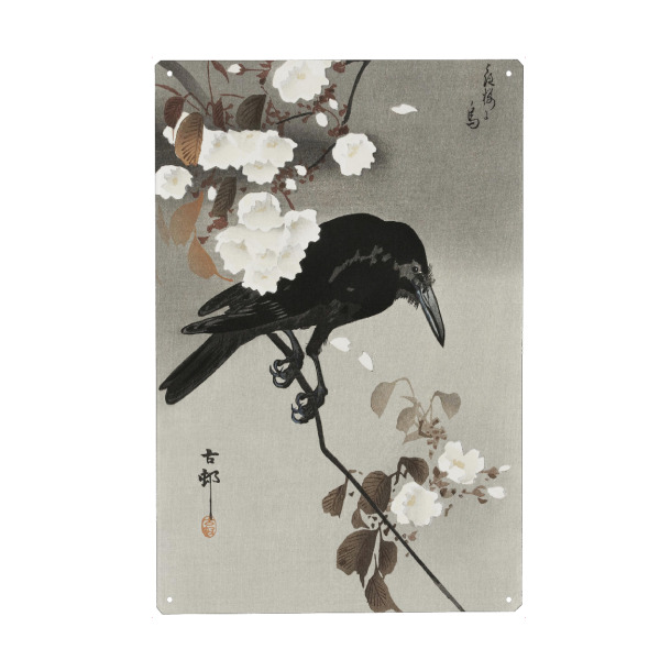 Metall Poster "Krähe und Kirschblüte" artboxONE - Natur,Tiere