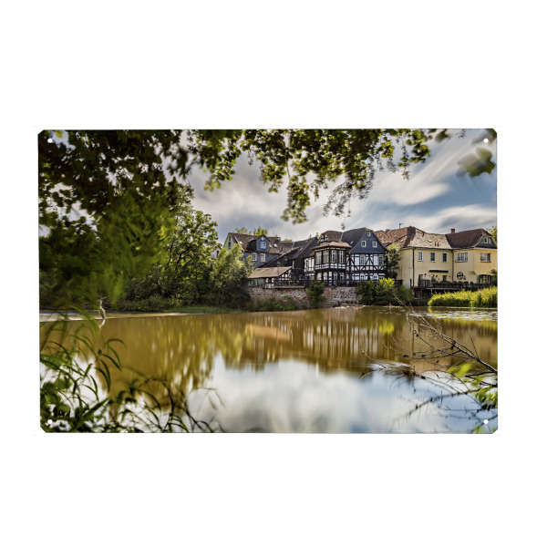 Holzbild "Die Lahn bei Marburg" artboxONE - Architektur - Marburg,Lahn,Hessen,Fluss,Wehr,Fachwerkhaus,Mühle,Historisch,Spiegelung