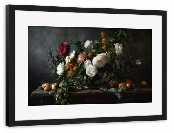 Poster mit Rahmen schwarz "Klassisches Blumenbouquet & Äpfel" artboxONE - Floral