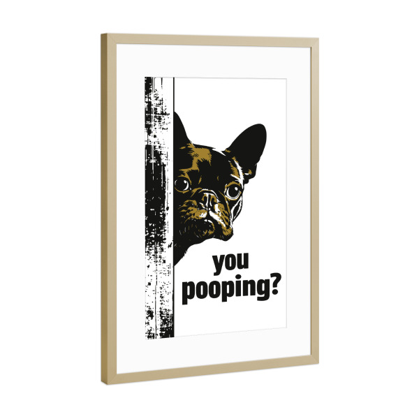 Poster mit Rahmen Gold "Curious Bathroom Companion" artboxONE - Typografie,Tiere,Lustig
